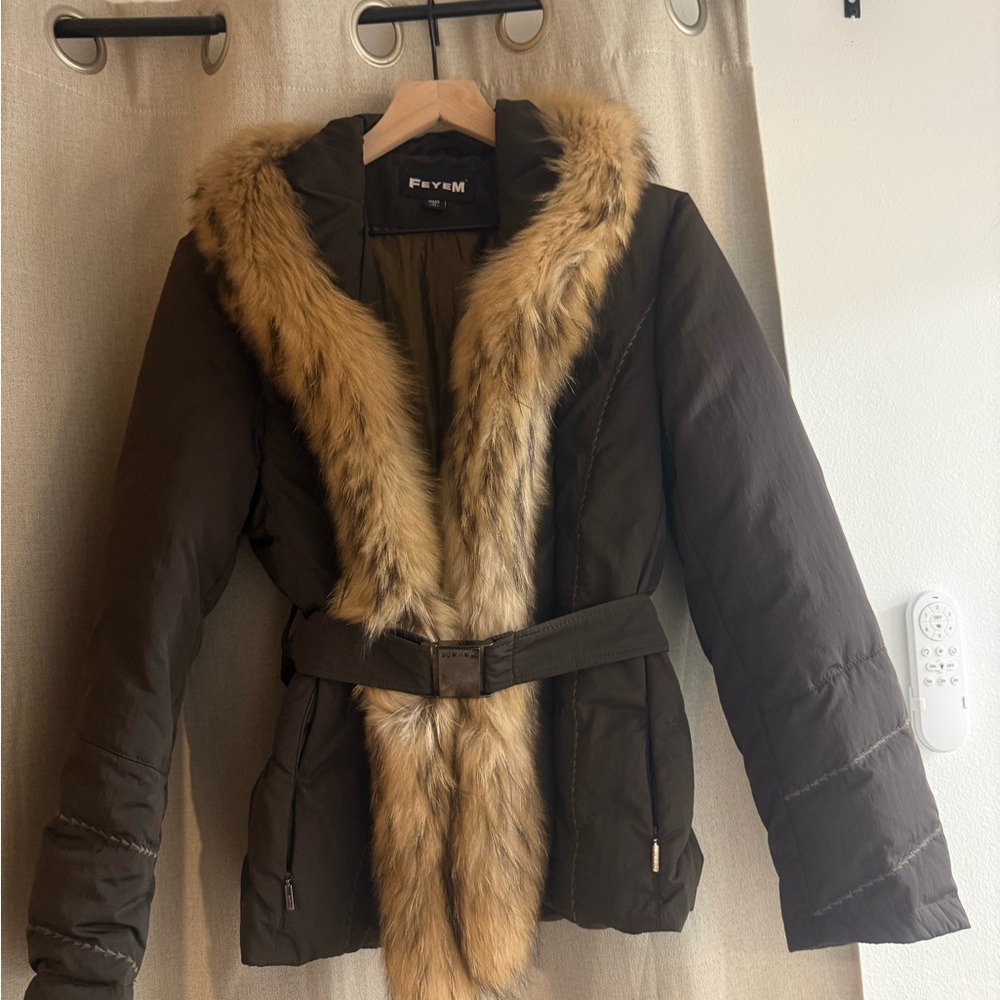 Women's Dark Brown Goose Down Italian Puffer Coat with Genuine Fur Trim